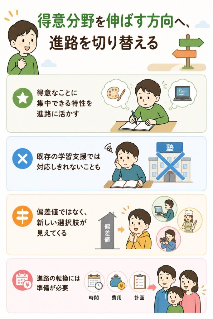 得意分野を伸ばす方向へ、進路を切り替える