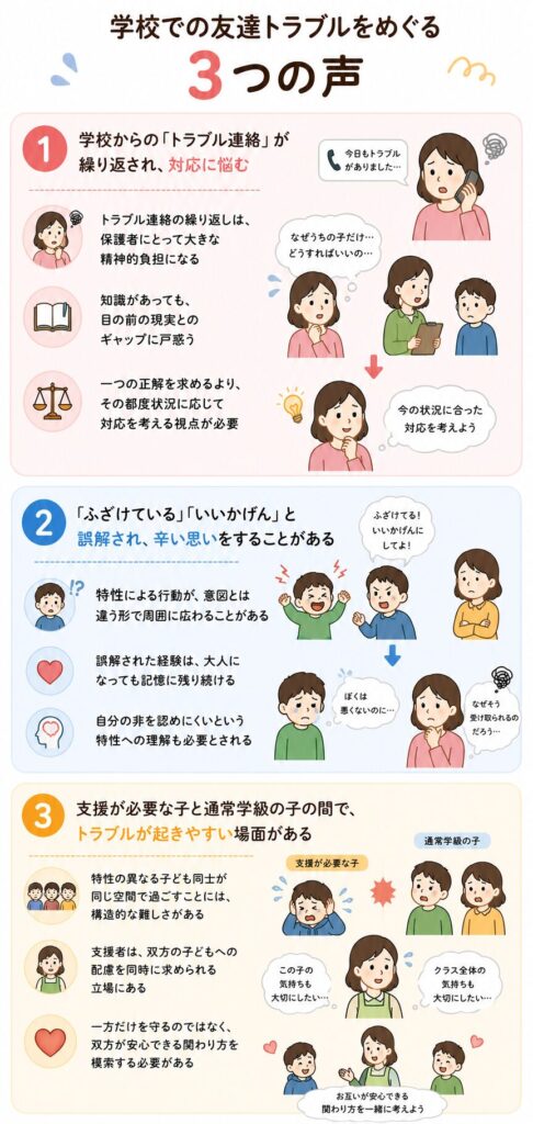 学校での友達トラブルをめぐる3つの声